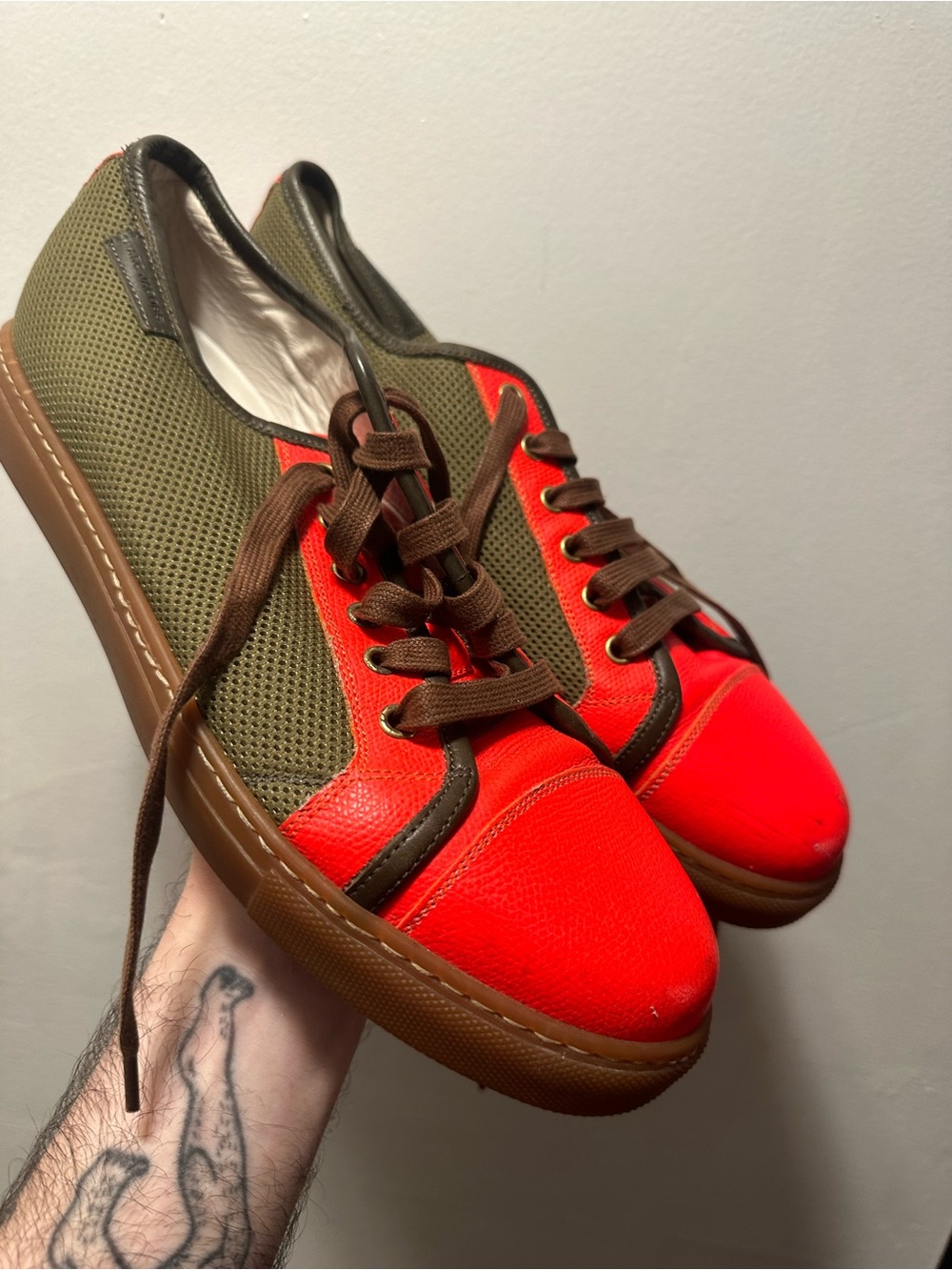 Marc Jacobs Made in Italy Mesh Leather Sneakers Olive Green Orange Gum Sole EU41